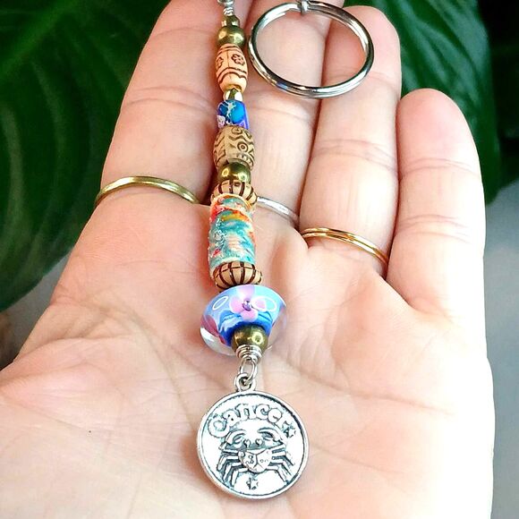 Cancer Beaded Key Chain, Zodiac Gemstone Crystal Bohemian Astrology - Picture 1 of 4